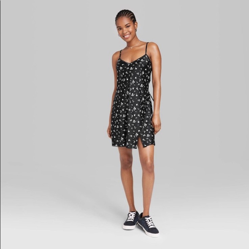 Lace Trim Slip Dress- Black Floral